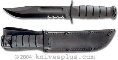 Black KABAR Knife, Part Serrated With Leather Sheath, KA-1212 1 Black KABAR Knife, Part Serrated With Leather Sheath, KA-1212