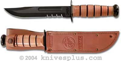 KABAR Knife, USMC Part Serrated With Leather Sheath, KA-1218 1 KABAR Knife, USMC Part Serrated With Leather Sheath, KA-1218