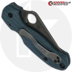 MODIFIED Spyderco Para 3 Knife With Acid Stonewash Blade + KP Blue Linen Micarta Scales + All Black Hardware -Knives Shop KP BLUEMICARTA closed BACK