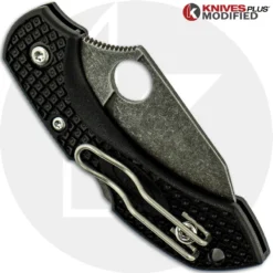 MODIFIED Spyderco Dragonfly 2 - Wharncliffe - Acid Stonewash - Regrind - Black Handle -Knives Shop KP C28FPWCBK2 2 CLOSED BACK LOGO