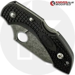 MODIFIED Spyderco Dragonfly 2 - Wharncliffe - Acid Stonewash - Regrind - Black Handle -Knives Shop KP C28FPWCBK2 2 CLOSED FRONT LOGO
