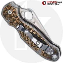 MODIFIED Spyderco Para 3 Knife + KP Titanium Floral Engraved Scales -Knives Shop KP PARA3 FLORAL CLOSED BACK